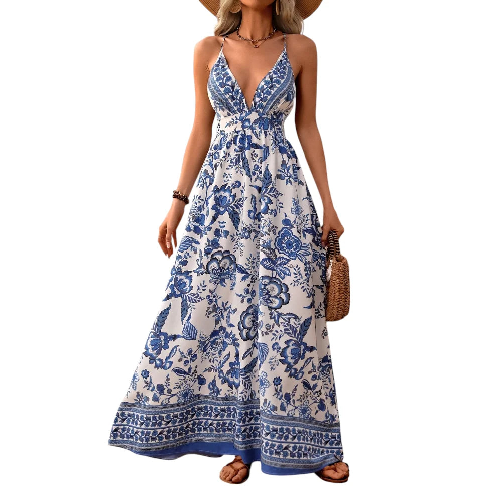 Women'S Summer Printed Suspender  Long Skirt Maxi Beach Dress