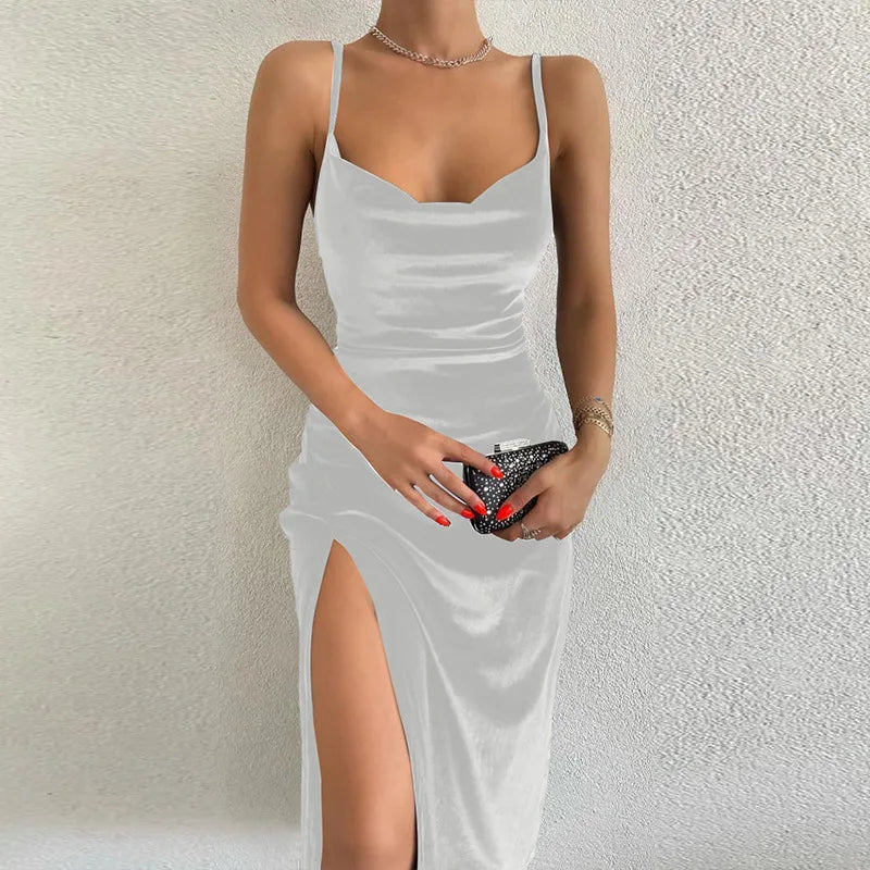 Velvet Swing Collar Sleeveless Slip Slit Maxi Dress 2024 New Fashion Evening Party Women Elegant Streetwear 