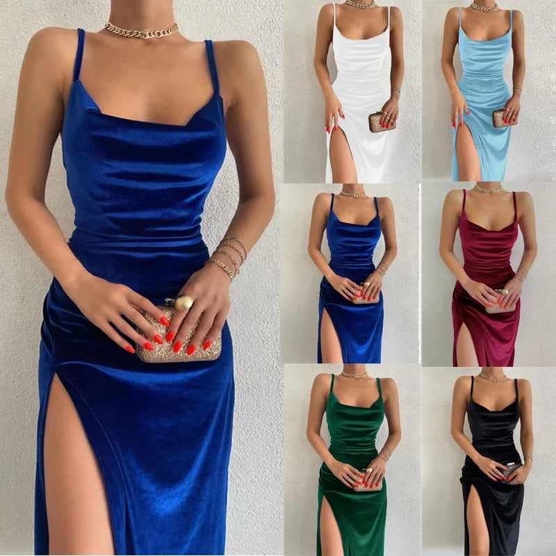 Velvet Swing Collar Sleeveless Slip Slit Maxi Dress 2024 New Fashion Evening Party Women Elegant Streetwear 